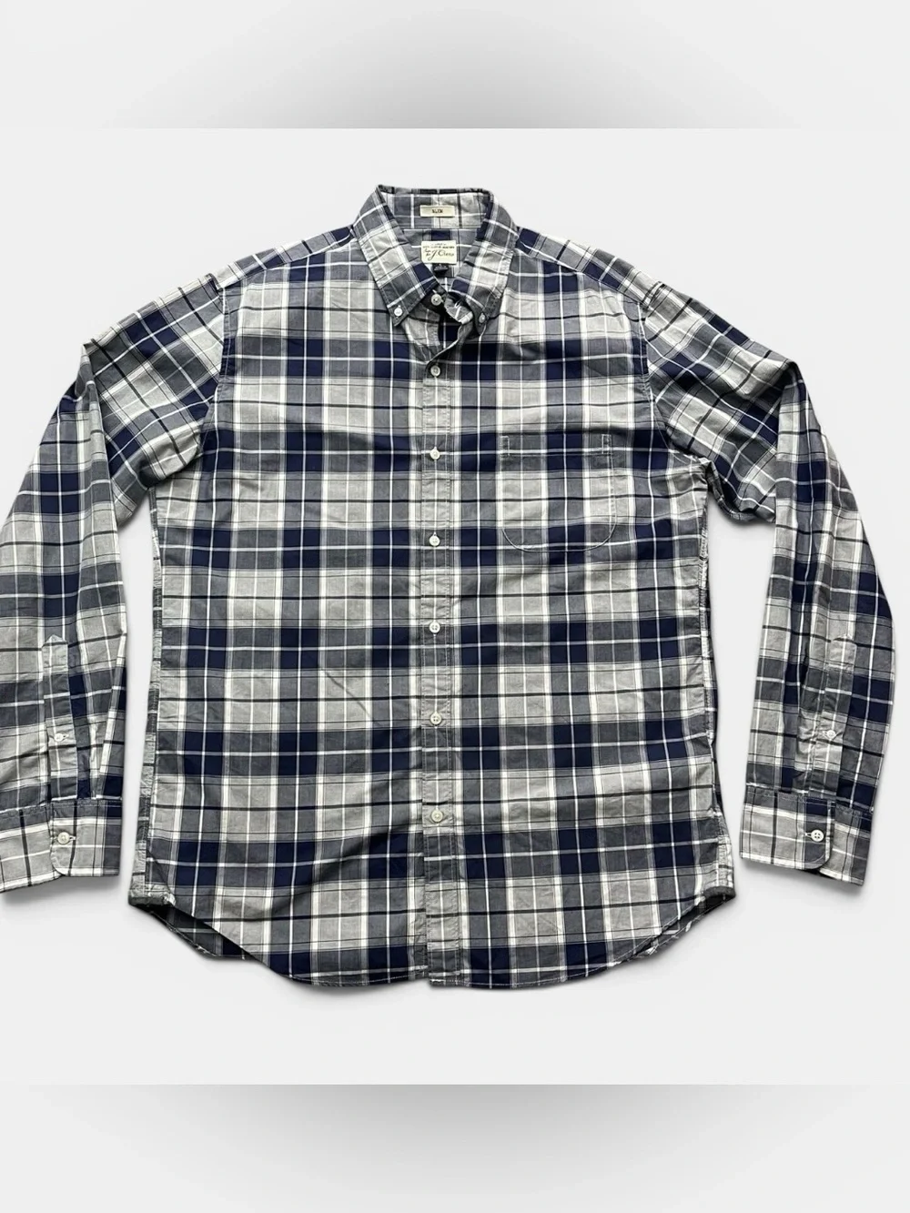 J. Crew Slim Fit Navy Blue Plaid Button Down Cotton Long Sleeve Shirt Size L
